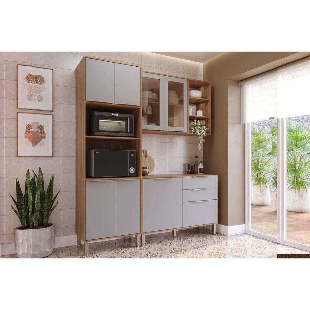 Cozinha Completa Brilhante 3 Peças (1Aéreo+1Balcão+1Paneleiro) C3P55 Cinamomo/Platina - MGM