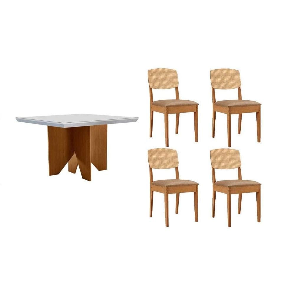 Conjunto Sala de Jantar Nevada c/ Tampo Madeirado c/ Vidro Canto Curvo 90x90cm e 4 Cadeiras Havana Premium Naturale/Off White - Capuccino/Linho Bege-R