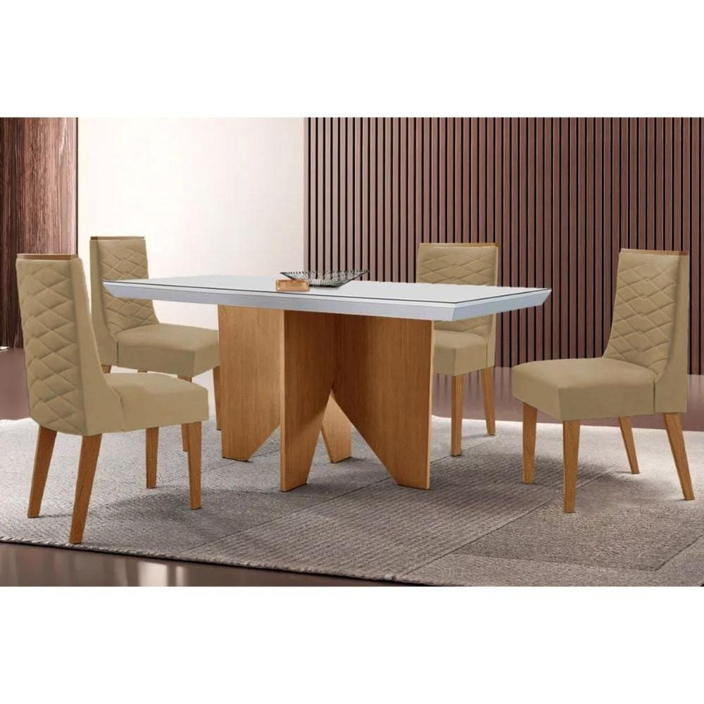 Conjunto Sala de Jantar Nevada c/ Tampo Madeirado c/ Vidro Canto Curvo 120x80cm e 4 Cadeiras Dafne Madeira Maciça Naturale/Off White - Capuccino/Linho