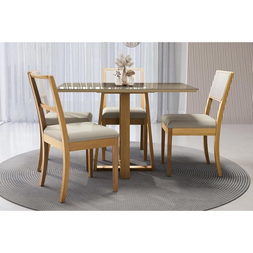 Conjunto Sala de Jantar Elma Premium Madeira Maciça c/ Tampo Madeirado c/ Vidro 120x80cm e 4 Cadeiras Lola Carvalho/Freijo Bronze - Linho Bege Argila-