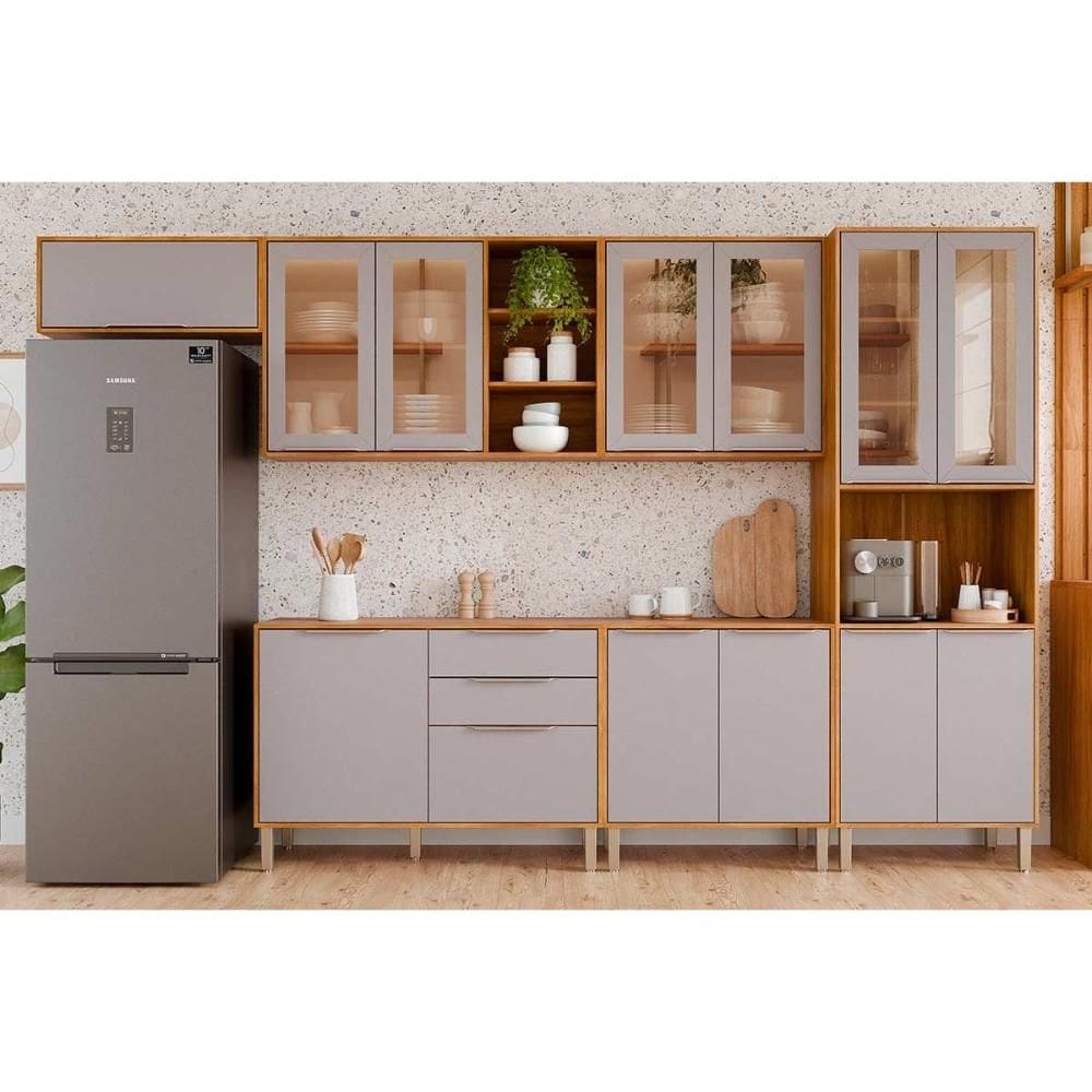 Cozinha Completa Brilhante 6 Peças (3Aéreos+2Balcões+1Paneleiro) C6P130 Cinamomo/Platina - MGM