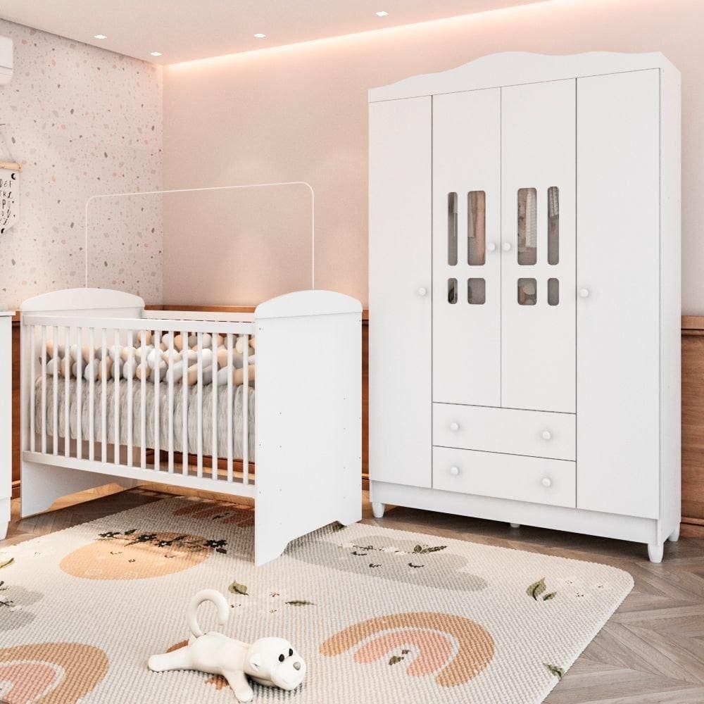 Quarto de Bebe Completo Berço 3 em 1 Eloá e Roupeiro Ariel Branco