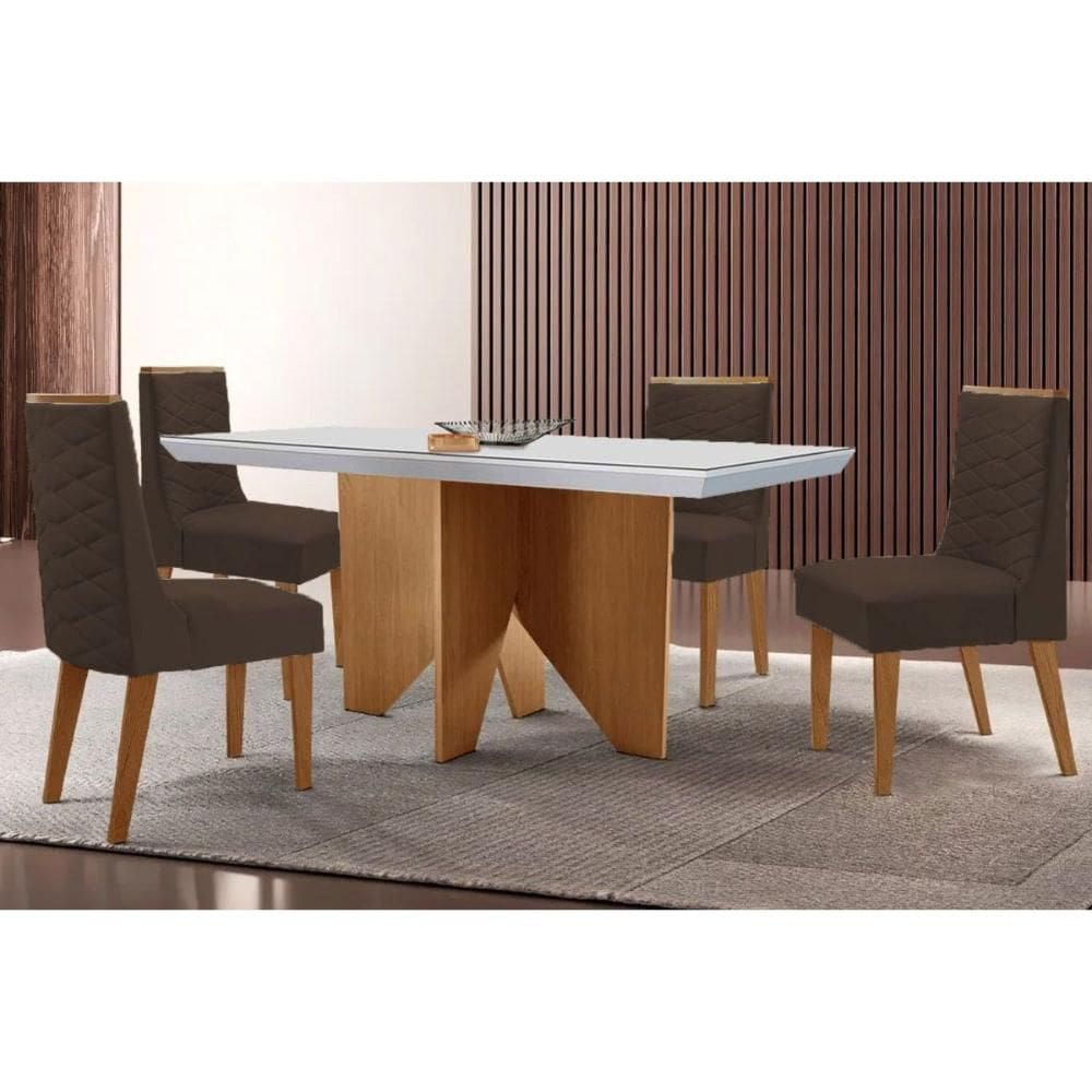 Conjunto Sala de Jantar Nevada c/ Tampo Madeirado c/ Vidro Canto Curvo 120x80cm e 4 Cadeiras Dafne Madeira Maciça Naturale/Off White - Capuccino/Suede