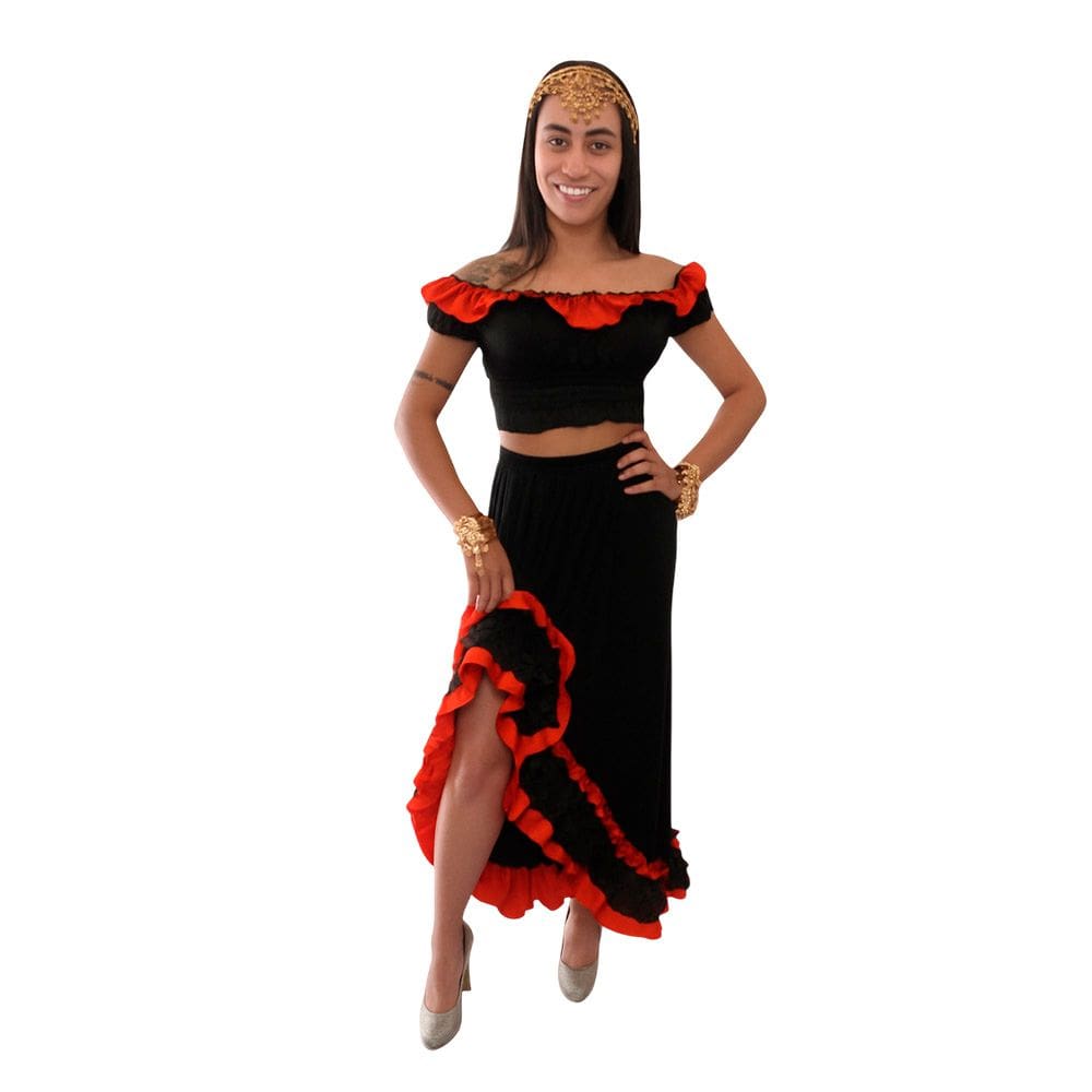 Fantasia Cigana Adulto Feminina Conjunto Espanhola Dança do Ventre Dançarina Flamenco Bailarina Traje Festa Flamenca