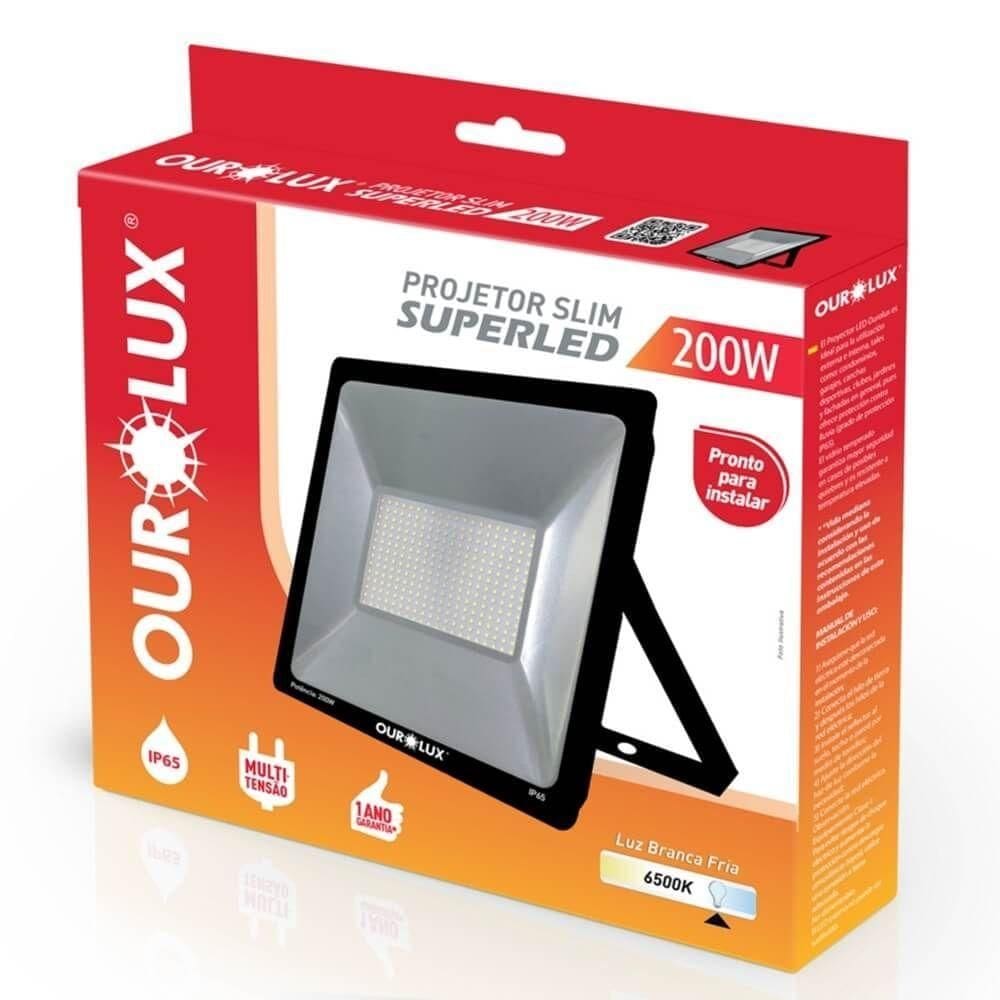 Projetor Superled Slim Preto Bivolt De 200 Watts E 6500k - 03269 - Ourolux