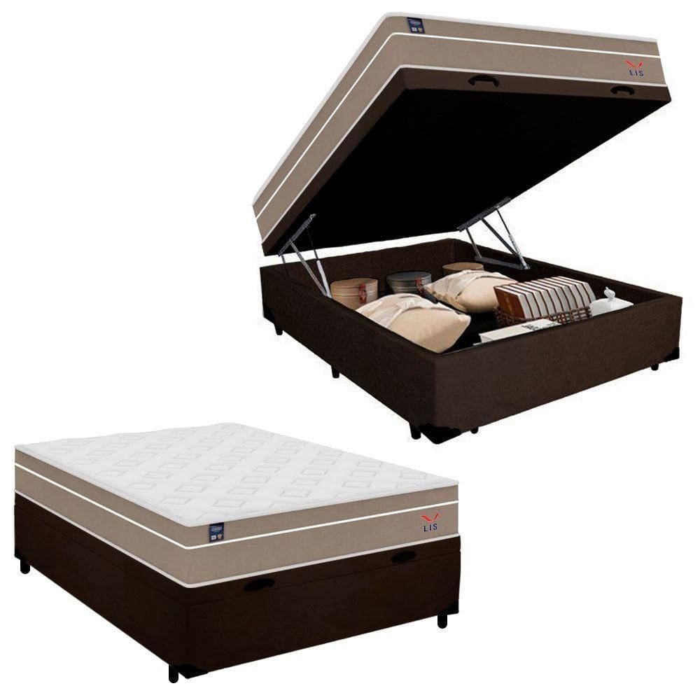 Cama Box Baú Casal Suede + Colchão Lis Molas Ensacadas Plumatex 138cm Marrom