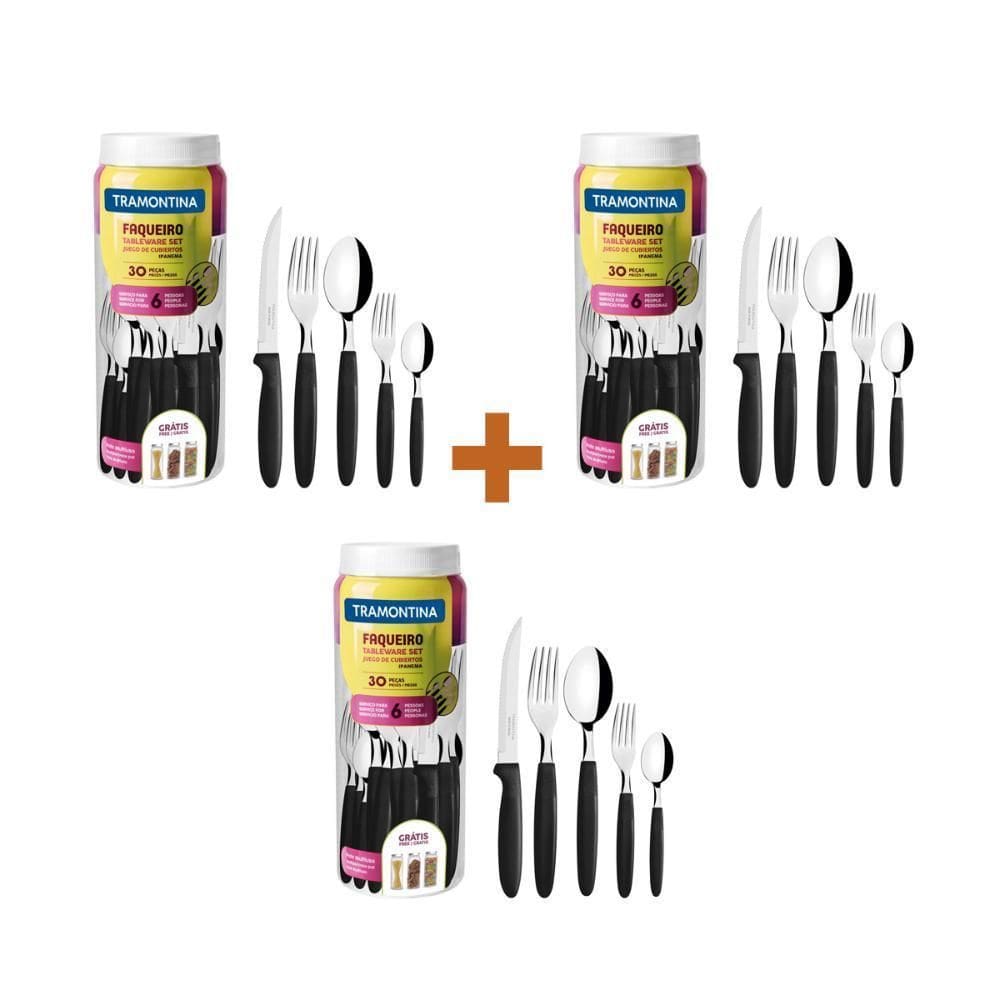 Kit 3 Faqueiros Inox 30 Peças Ipanema Preto - Tramontina