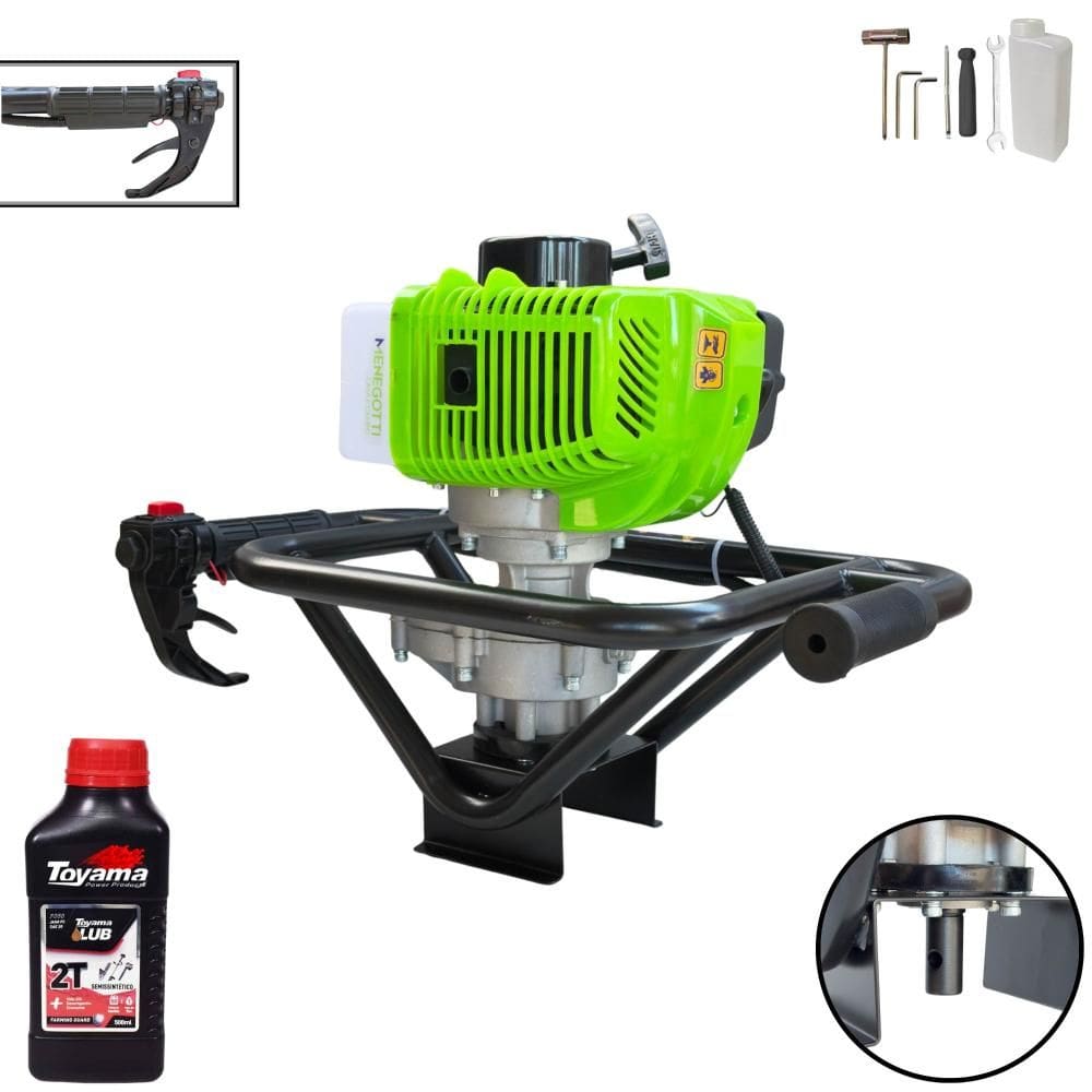 Trado Motorizado Sem Broca À Gasolina Menegotti MPS52 52cc 1,8HP 9.000rpm Perfurador de Solo Profissional Com Empunhadura Ergonômica + ÓLEO TOYAMA 2T