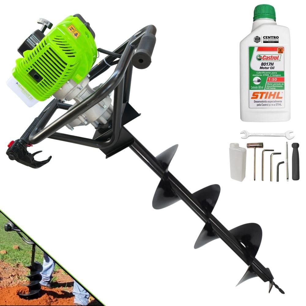 Trado Motorizado À Gasolina Menegotti MPS52 52cc 1,8HP 9.000rpm Perfurador de Solo Profissional + Broca 80x20cm + ÓLEO STIHL 2T