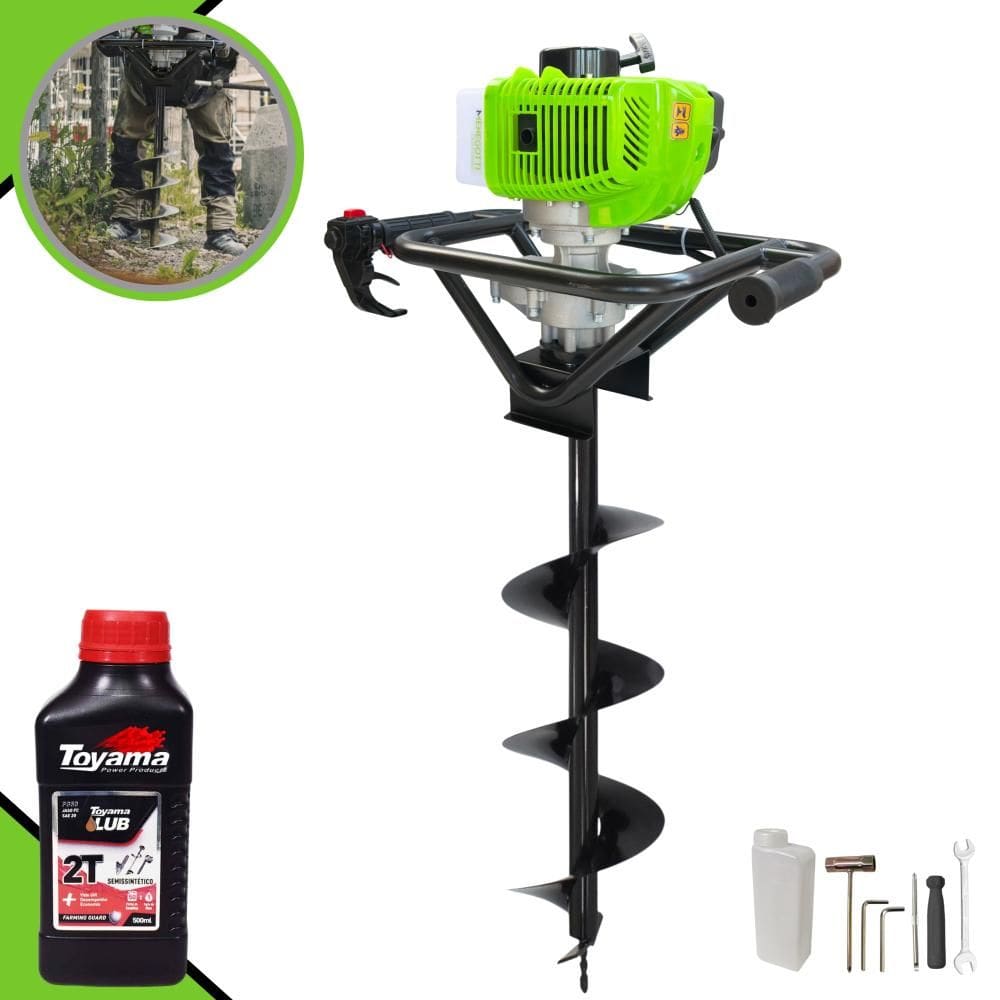 Trado Motorizado À Gasolina Menegotti MPS52 2T 52cc 1,8HP 9.000rpm Perfurador de Solo Completo Com Broca 80x20cm + ÓLEO TOYAMA 2T