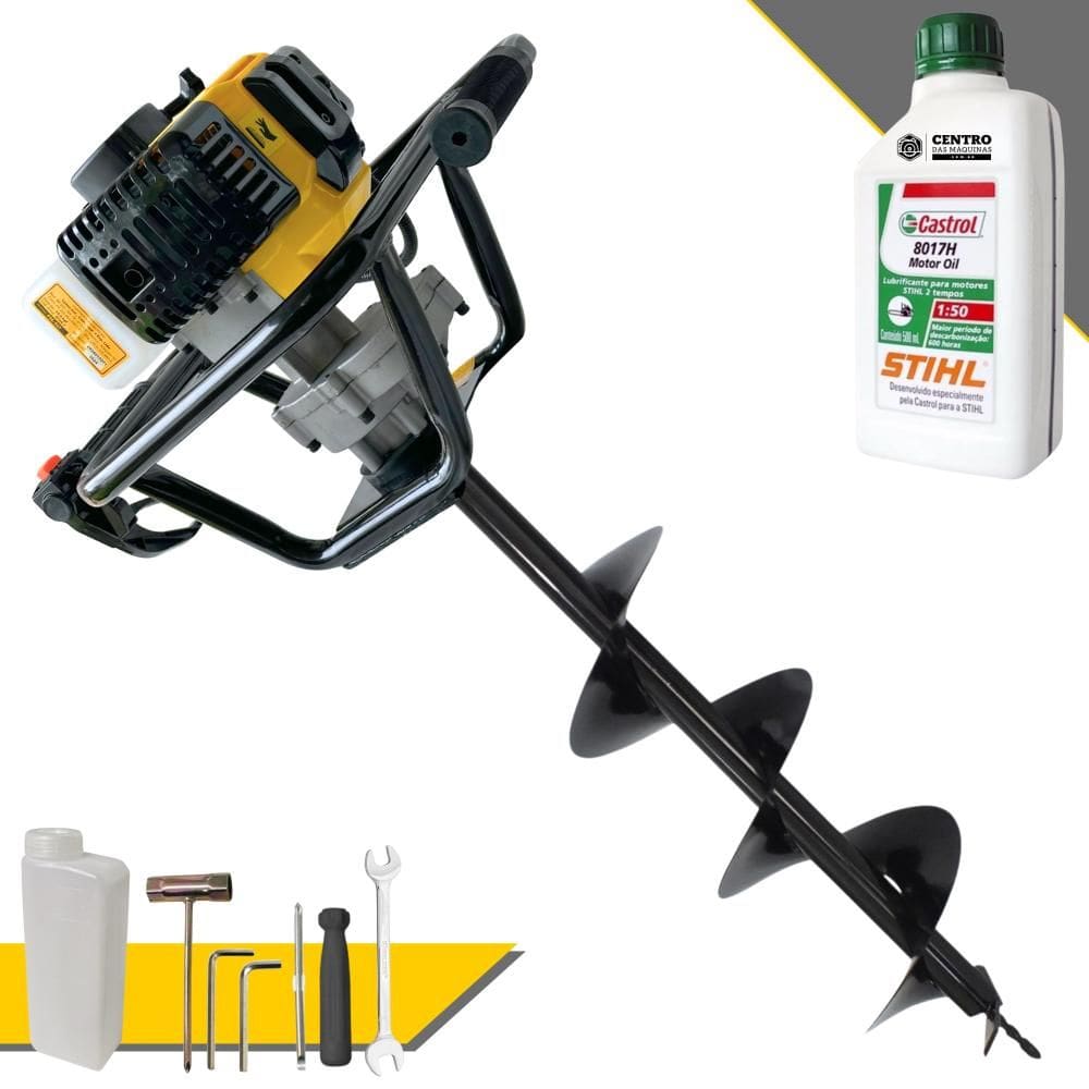 Perfurador de Solo Perfuratriz Lynus PSL-517 À Gasolina 52cc 1,8HP 9.000rpm Motor 2 Tempos Completo Com Broca 80X20cm + ÓLEO STIHL 2T