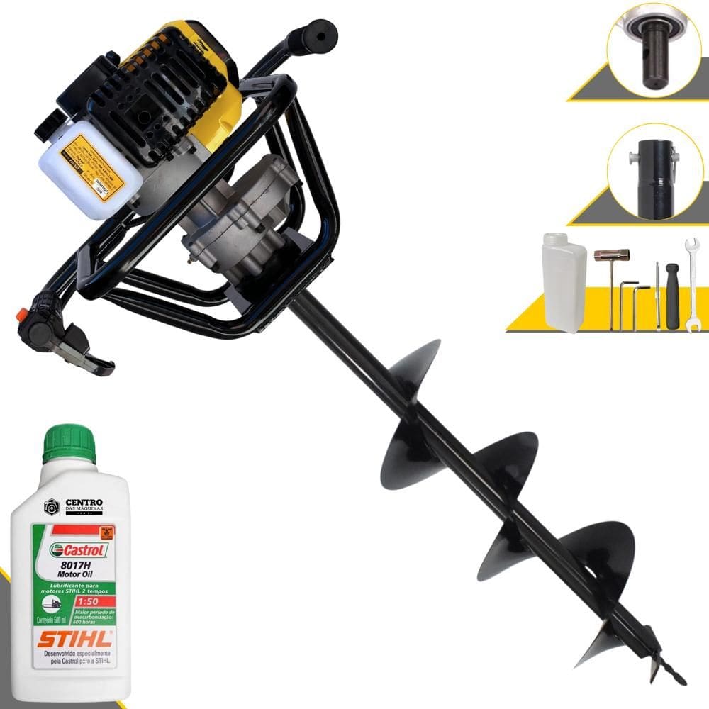 Trado Motorizado À Gasolina Lynus PSL517 2T 52cc 1,8HP 9.000rpm Perfurador de Solo Completo Com Broca 80x20cm + ÓLEO STIHL 2T