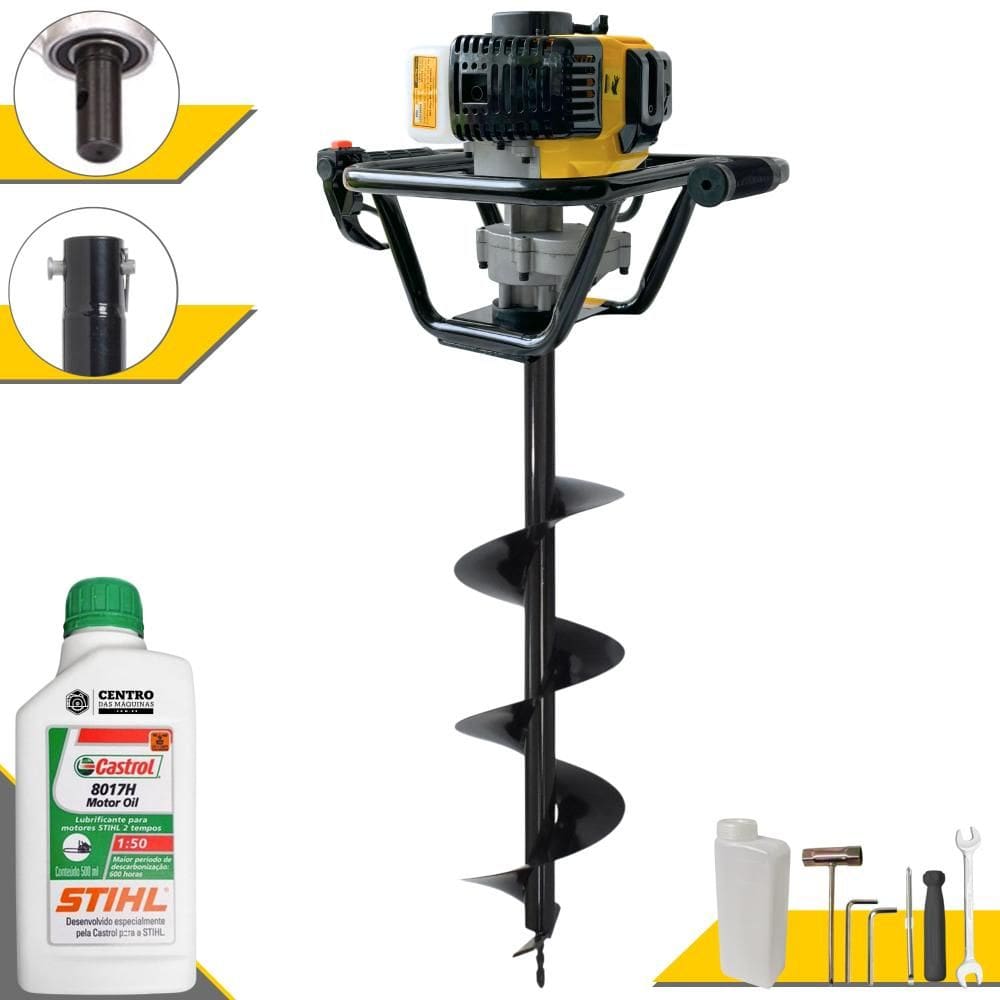 Perfurador de Solo Profissional Lynus PSL517 À Gasolina 52cc 1,8HP de Potência 9.000rpm + Broca 80X20cm Para Construção Civil + ÓLEO STIHL 2T