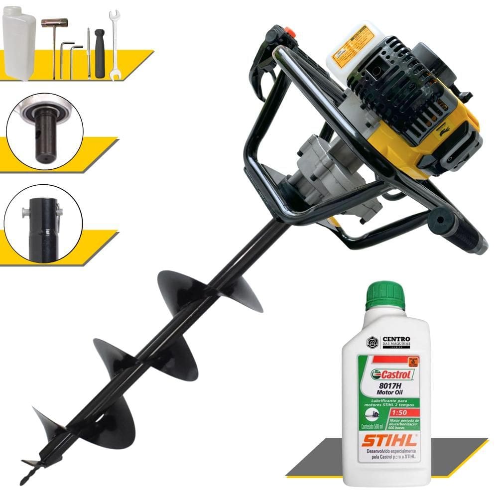 Perfurador de Solo Completo Lynus PSL517 À Gasolina Motor 2T 52cc 1,8HP de Potência Alta Rotação + Broca 80x20cm + ÓLEO STIHL 2T