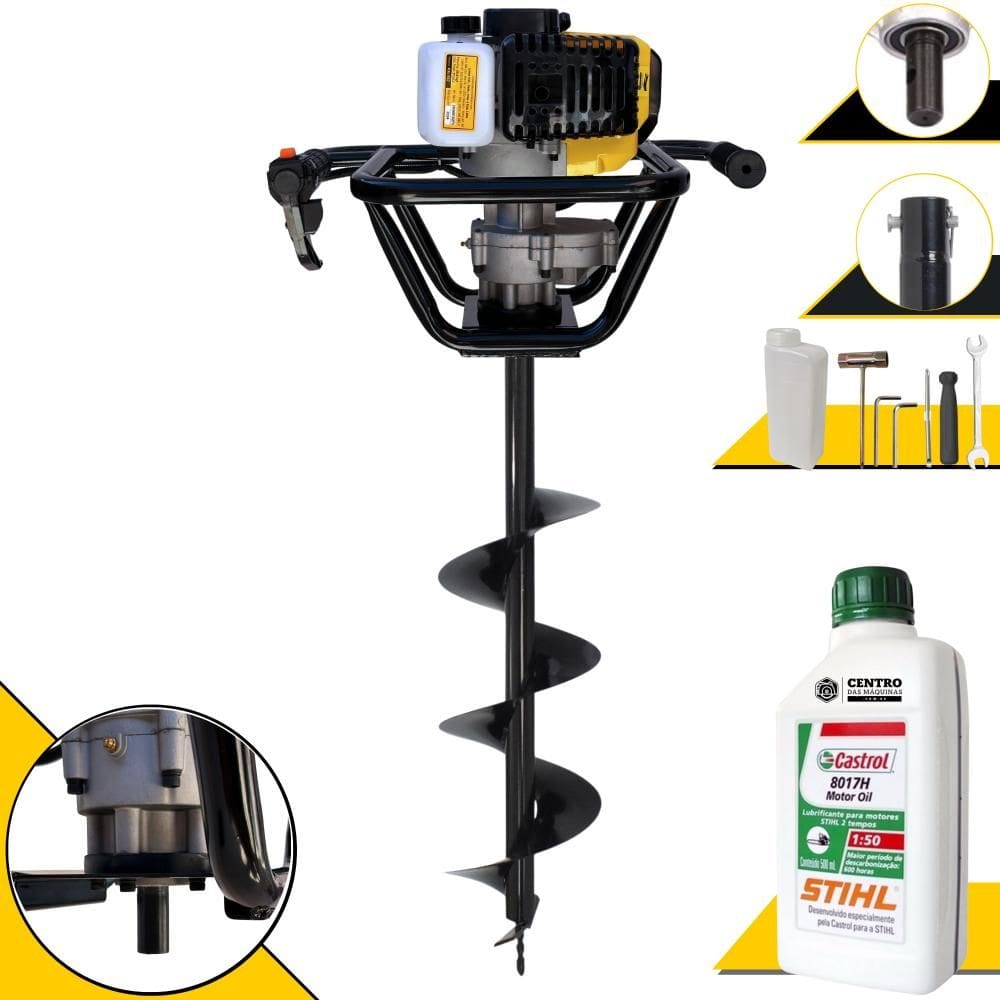 Perfurador de Solo Trado Motorizado Lynus PSL517 À Gasolina 2T 52cc 1,8HP 9.000rpm + Broca 80x20cm Para Elevação de Cercas + ÓLEO STIHL 2T