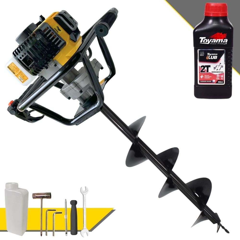 Perfurador de Solo Máquina Fura Terra Trado Motorizado Lynus PSL517 À Gasolina 52cc 1,8HP 9.000rpm Profissional + Broca 80x20cm + ÓLEO TOYAMA 2T