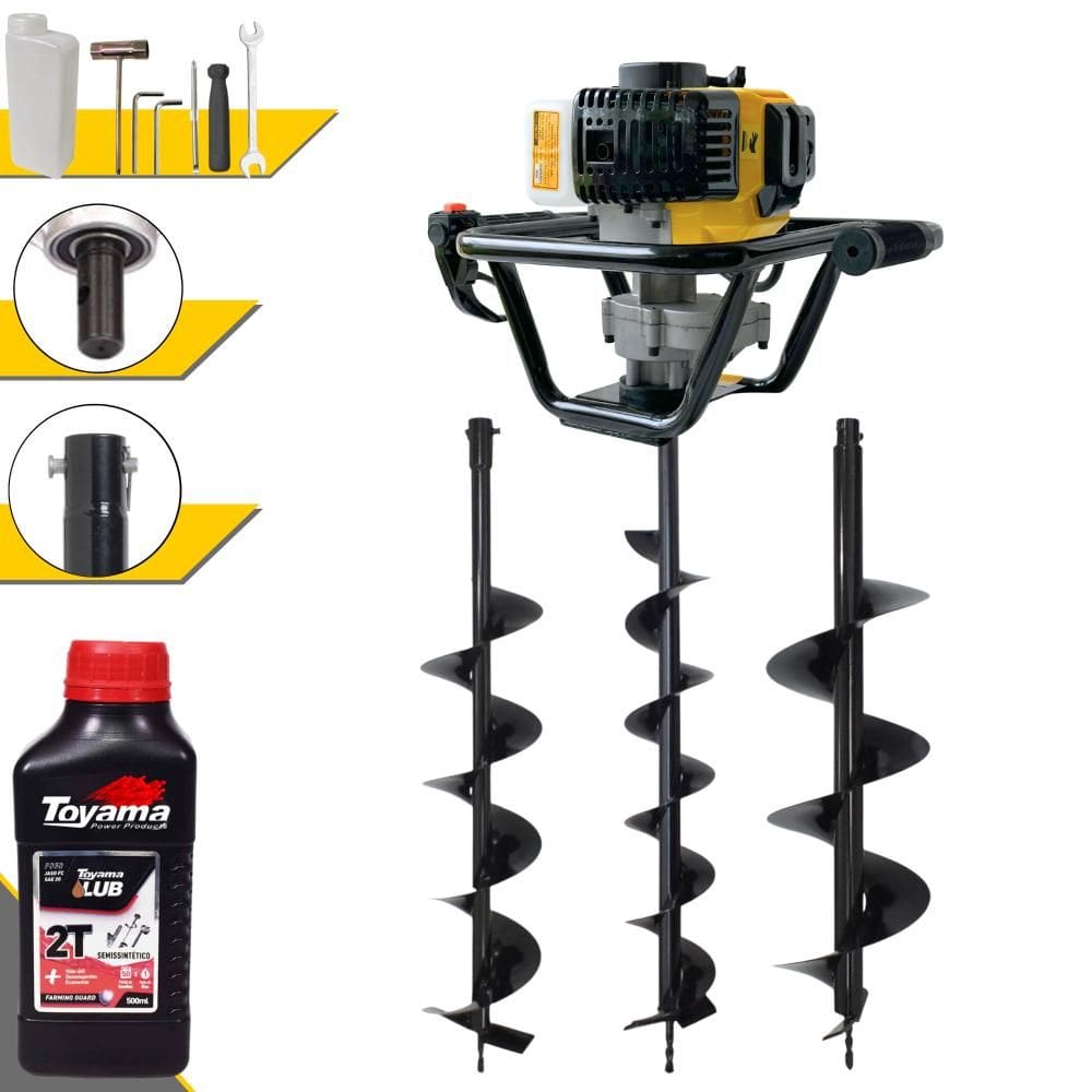 Perfurador de Solo Profissional Lynus PSL-517 À Gasolina 1,8HP de Potência 52cc 9.000rpm + Conjunto de Brocas 80x10, 80x15 e 80x20 + ÓLEO TOYAMA 2T