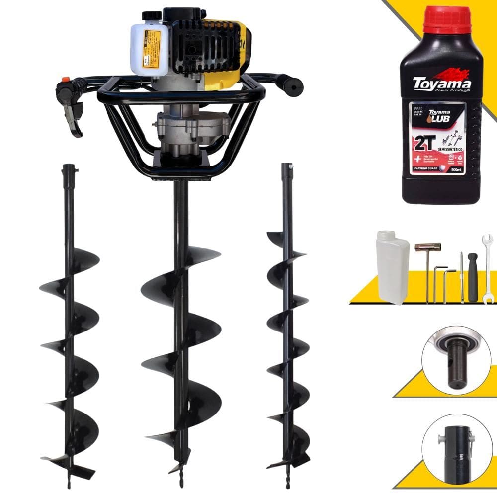 Perfurador de Solo À Gasolina Lynus PSL517 52cc 1,8HP de Alta Rotação e Performance + Brocas 80x10cm, 80x15cm e 80x20cm + ÓLEO TOYAMA 2T