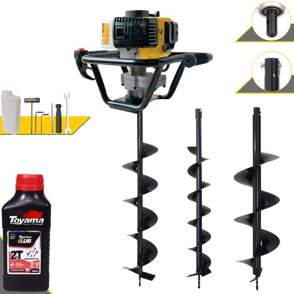 Polaca Cavadeira Motorizada Lynus PSL-517 À Gasolina 2T 52cc 1,8HP 9.000rpm Perfurador Com Brocas 80x10cm, 80x15cm e 80x20cm + ÓLEO TOYAMA 2T