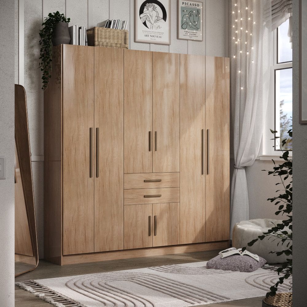 Guarda-Roupa Casal Grande 8 Portas 2 Gavetas com 4 Cabideiros Divisao Ele/Ela Corredicas Telescopicas