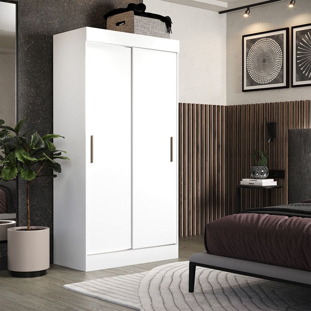 Guarda-Roupa Solteiro Compacto 2 Portas de Correr Branco Brilho Ideal para Quarto Pequeno e Otimizar Espaco