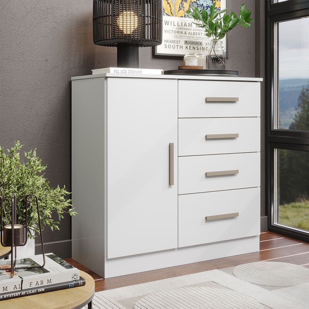 Comoda Sapateira 1 Porta 4 Gavetas para Quarto com Corredicas Telescopicas Puxadores Modernos