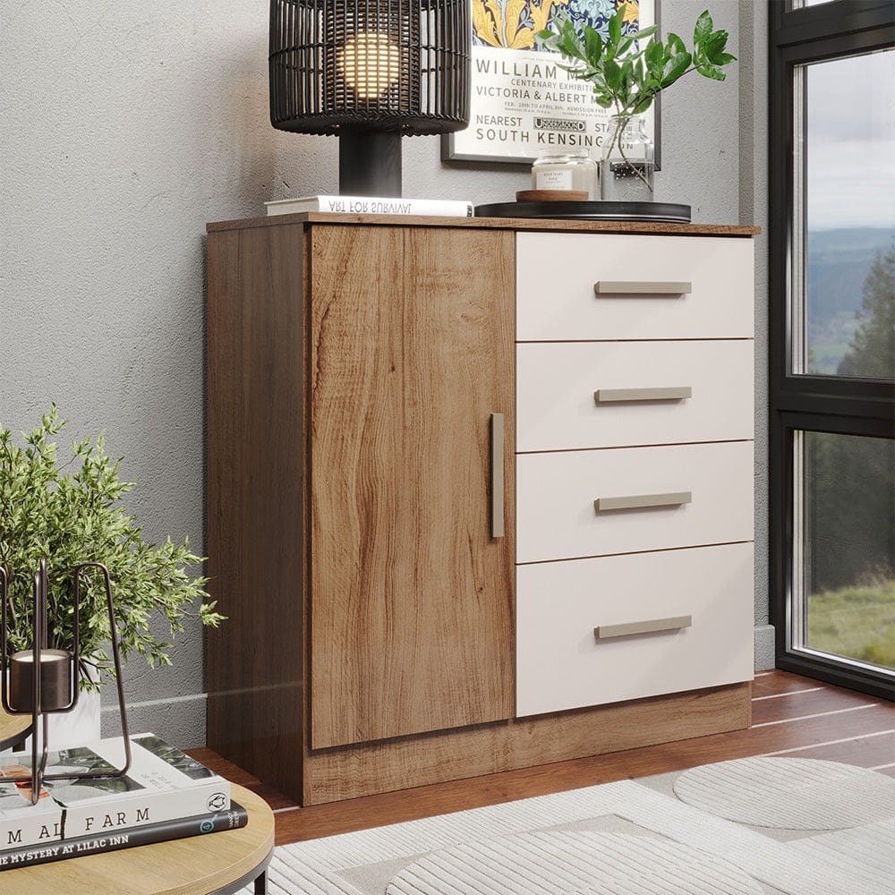 Comoda Sapateira 1 Porta 4 Gavetas para Quarto com Corredicas Telescopicas Puxadores Modernos