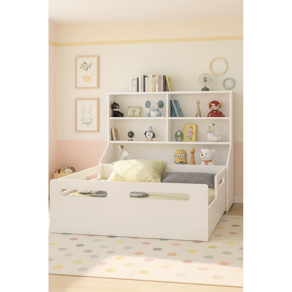 Cama Montessoriana Casal com Cabeceira Organizadora de Brinquedo Estante e Baú