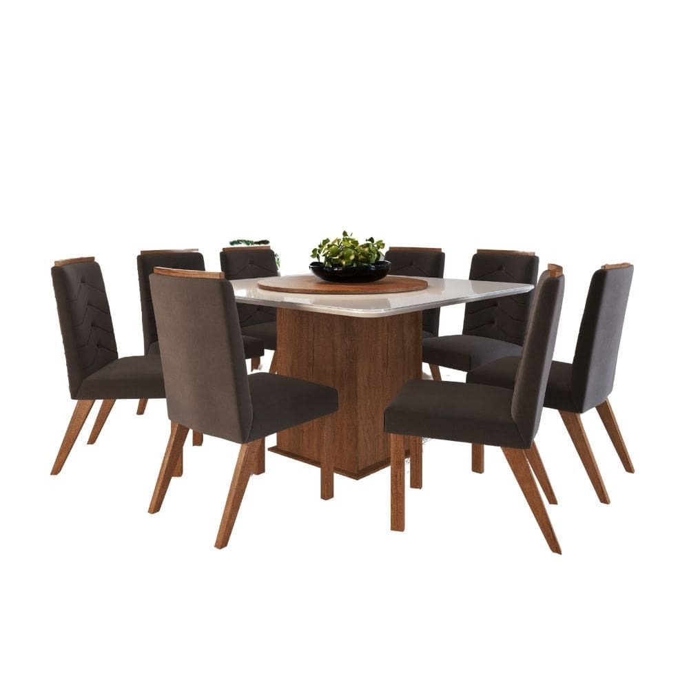 Conjunto Mesa 8 Cadeiras 138/27 - MDF/MDP Tampo Vidro 130cm Disco Giratorio - Zamarchi