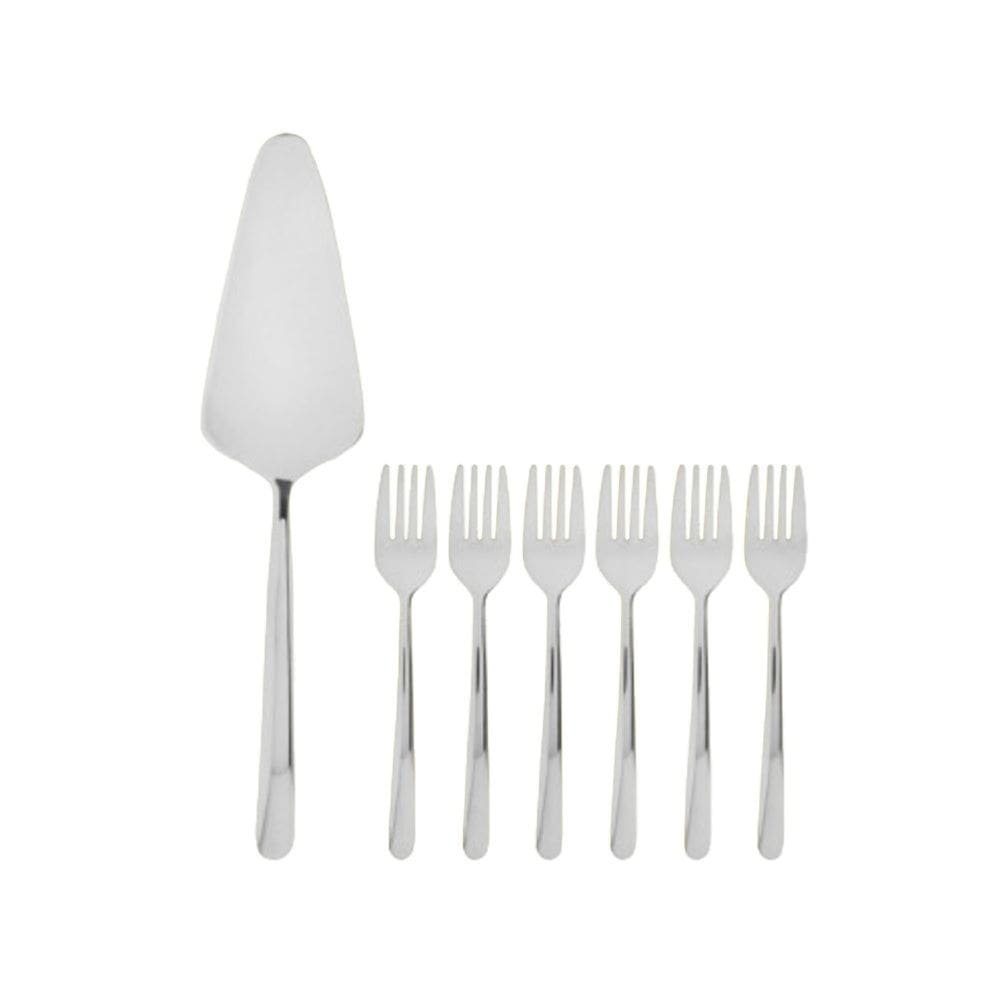 Cj 1 Espátula P/Cortar Bolo C/6 Garfos P/Sobremesa Aço Inox Prata Viena 7 Peças Wolff