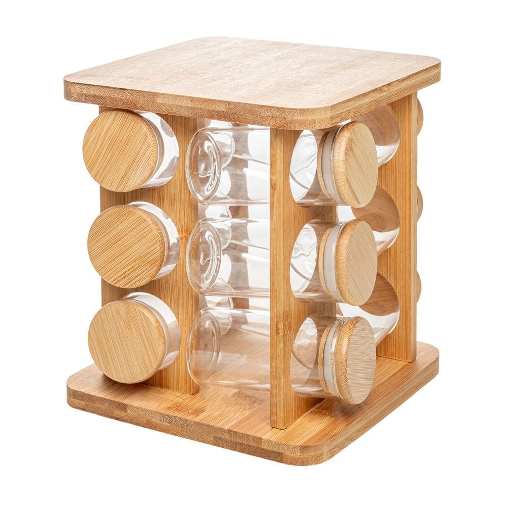 Cj 12 Potes de Vidro P/Temperos e Condimentos C/Tampa Hermética e Rack Giratório de Bambu Wolff