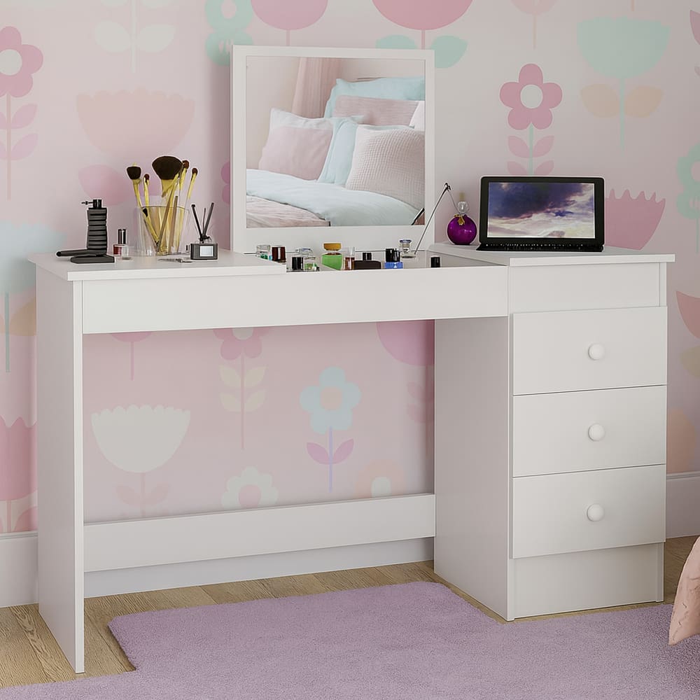 Penteadeira Escrivaninha Compacta com Espelho e 3 Gavetas para Maquiagem ou Estudos