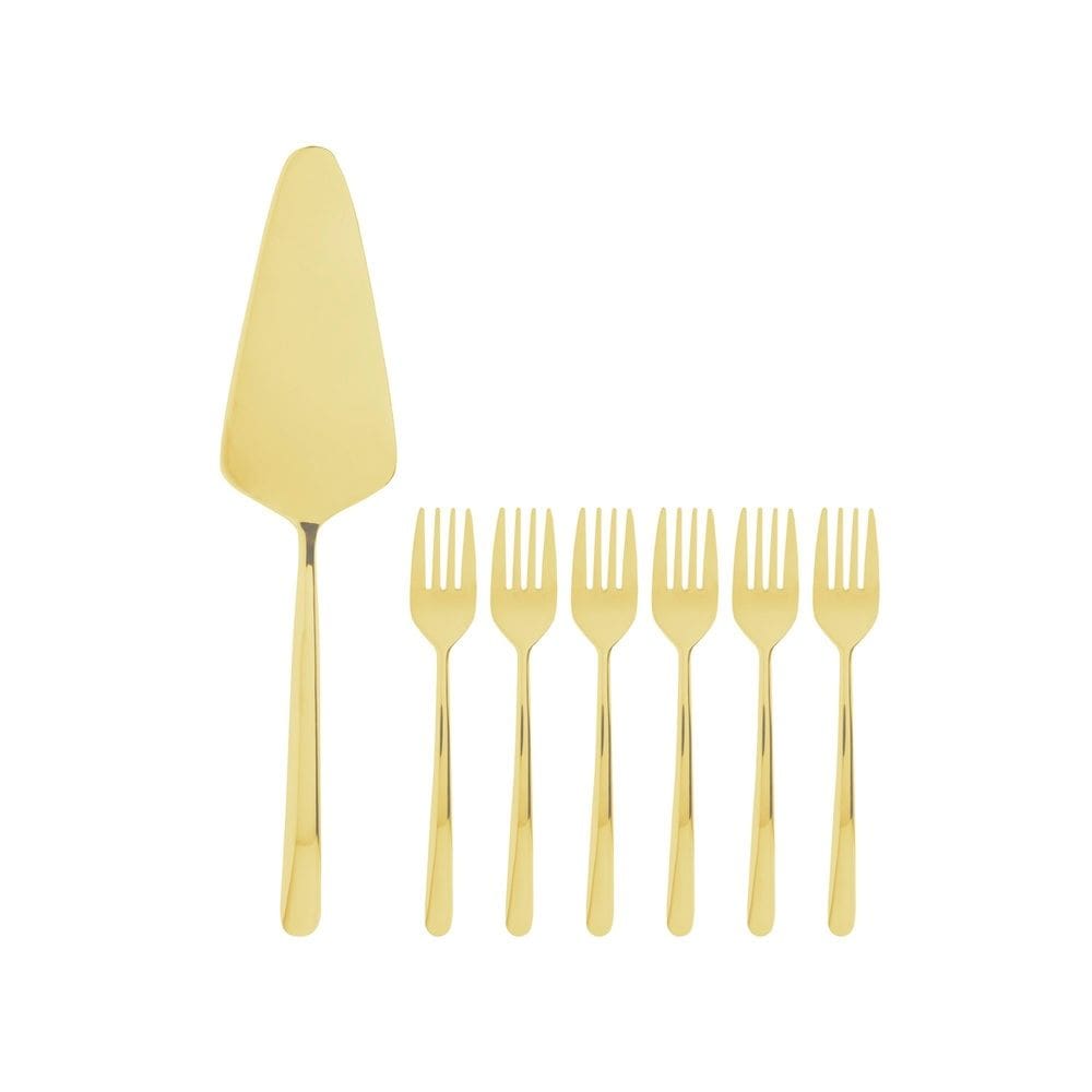 Cj 1 Espátula P/Cortar Bolo C/6 Garfos P/Sobremesa Aço Inox Dourado Viena 7 Peças Wolff