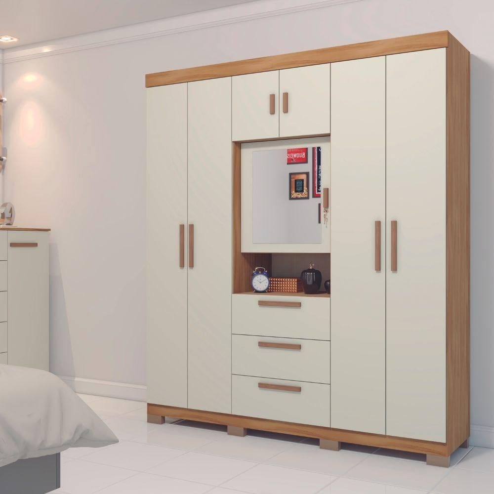 Guarda-Roupa Casal 7 Portas 3 Gavetas Com Espelho Freijó/Off White Catania Avelan Móveis