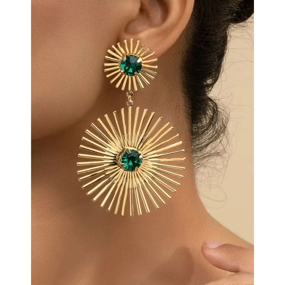 Brinco Feminino Boho Chic Raio de Sol Pedra Verde Brilhante