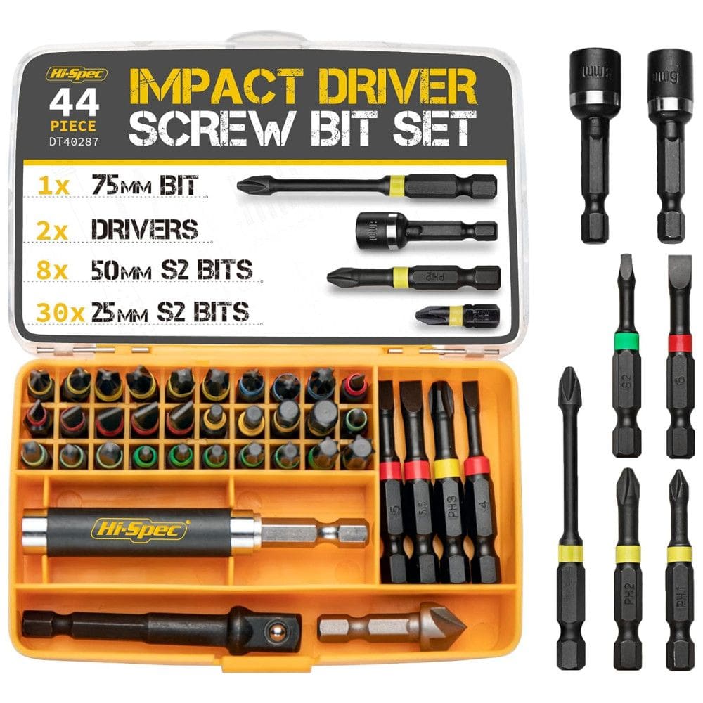 Kit Brocas de Chaves 44 Peças com Aparafmento de Aço S2 e Estojo, HI SPEC DT40287 USA, Amarelo