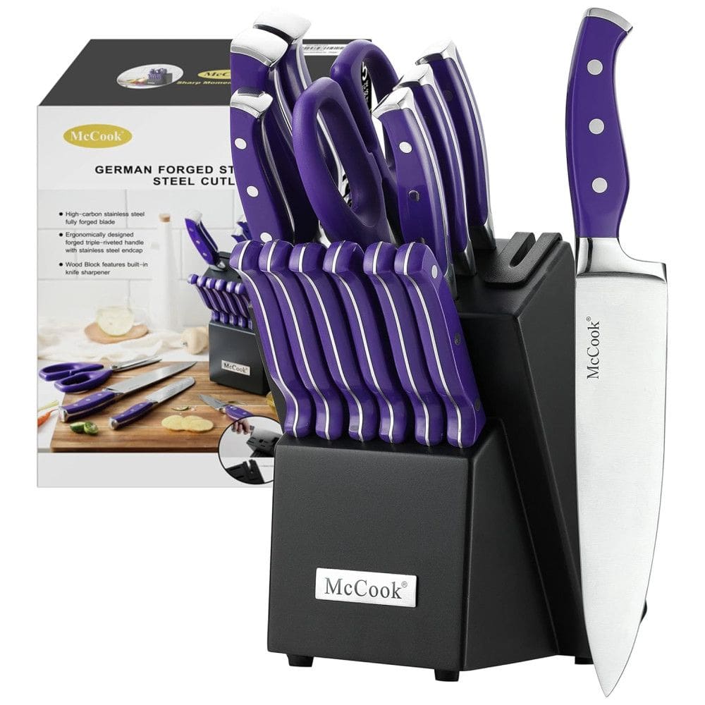 Conjunto de Facas em Aço Inoxidável com Afiador Embutido e Bloco de Bancada 14 Peças, Roxo, MCCOOK, Violeta