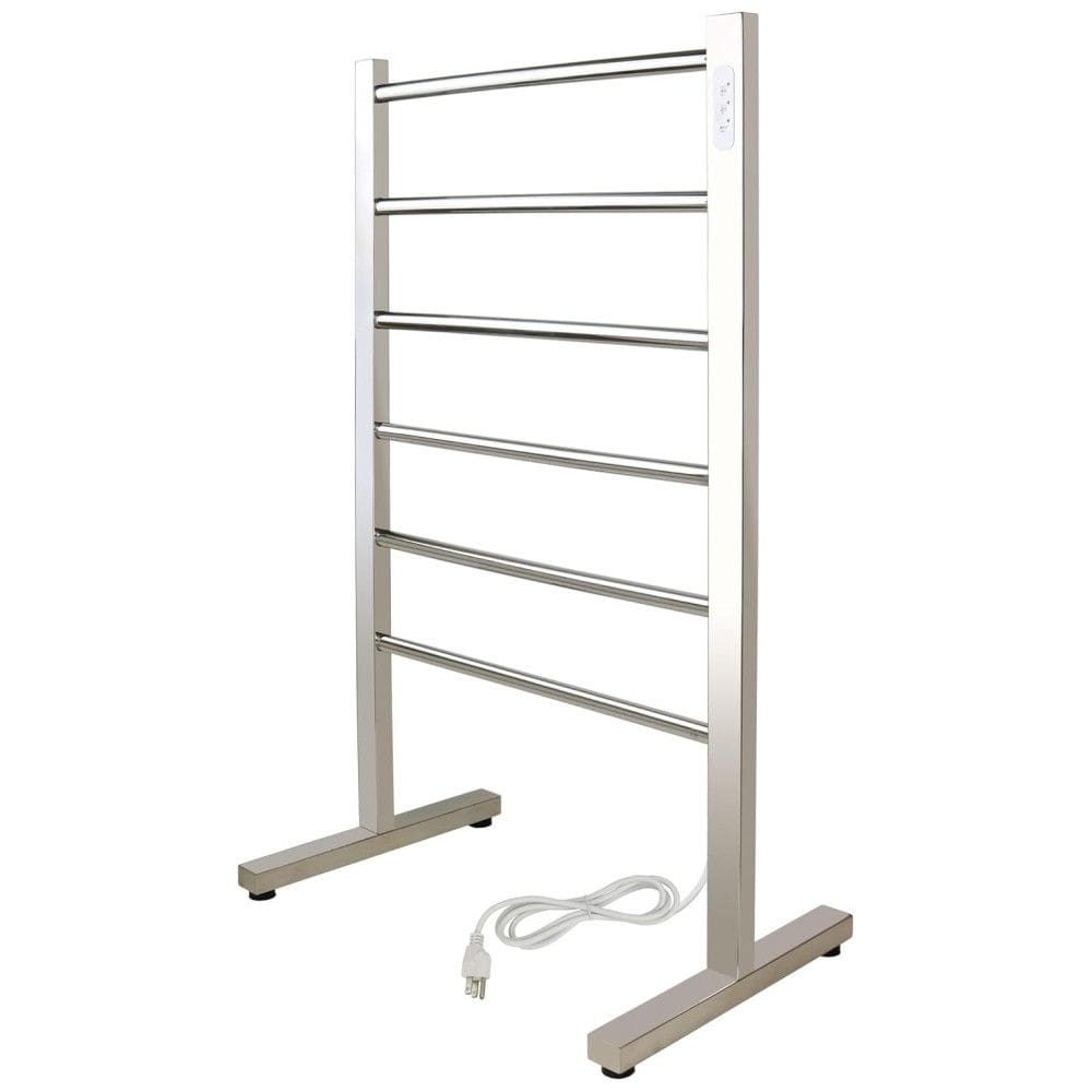 Aquecedor de toalhas WarmlyYours, modelo freestanding com 6 barras, aço inox polido, plug-in com timer embutido.