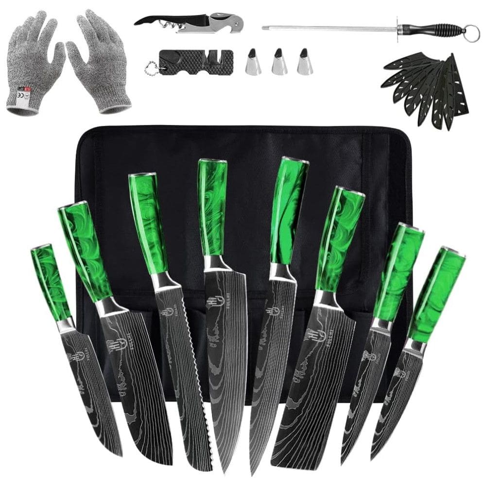 Conjunto de Facas em Aço Inoxidável com Bloco de Bancada, 14 Peças, FULLHI, Verde