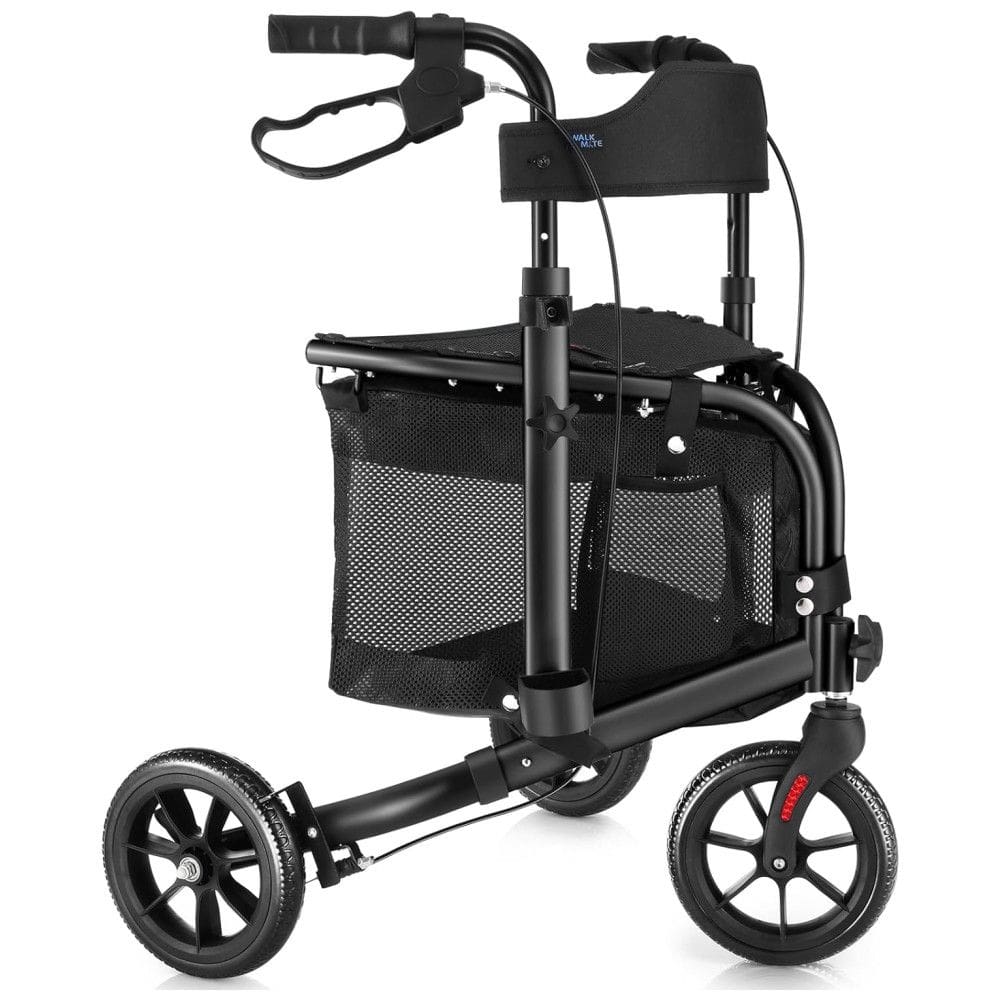 Andador Dobrável de 3 Rodas com Assento Acolchoado Ideal para Idosos, WALK MATE, Preta