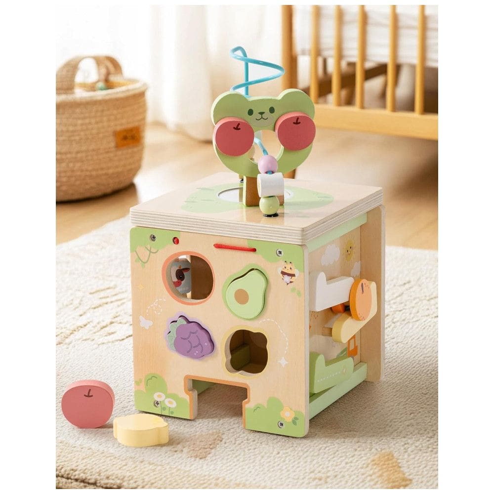 Cubo de Atividades Educativo de Madeira ROBUD - Brinquedo Montessori com 9 Jogos para Bebês de 1 Ano