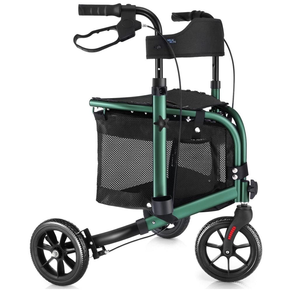 Andador Dobrável de 3 Rodas com Assento Acolchoado Ideal para Idosos, WALK MATE, Verde