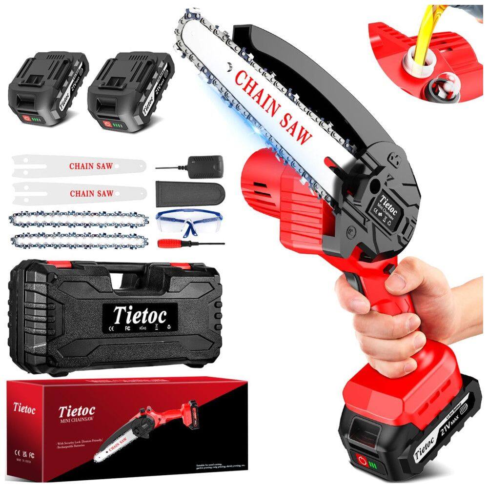 Mini Motosserra Elétrica Portátil Movida a Bateria 21V, 880W, Tietoc, Vermelha