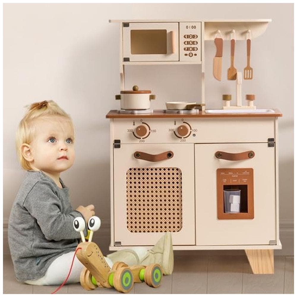 Cozinha Educativa de Brinquedo ROBUD Kids, Modelo Mocha Montessori em Madeira com Dispensador de Gelo, Acessórios para Crianças de 3 a 8