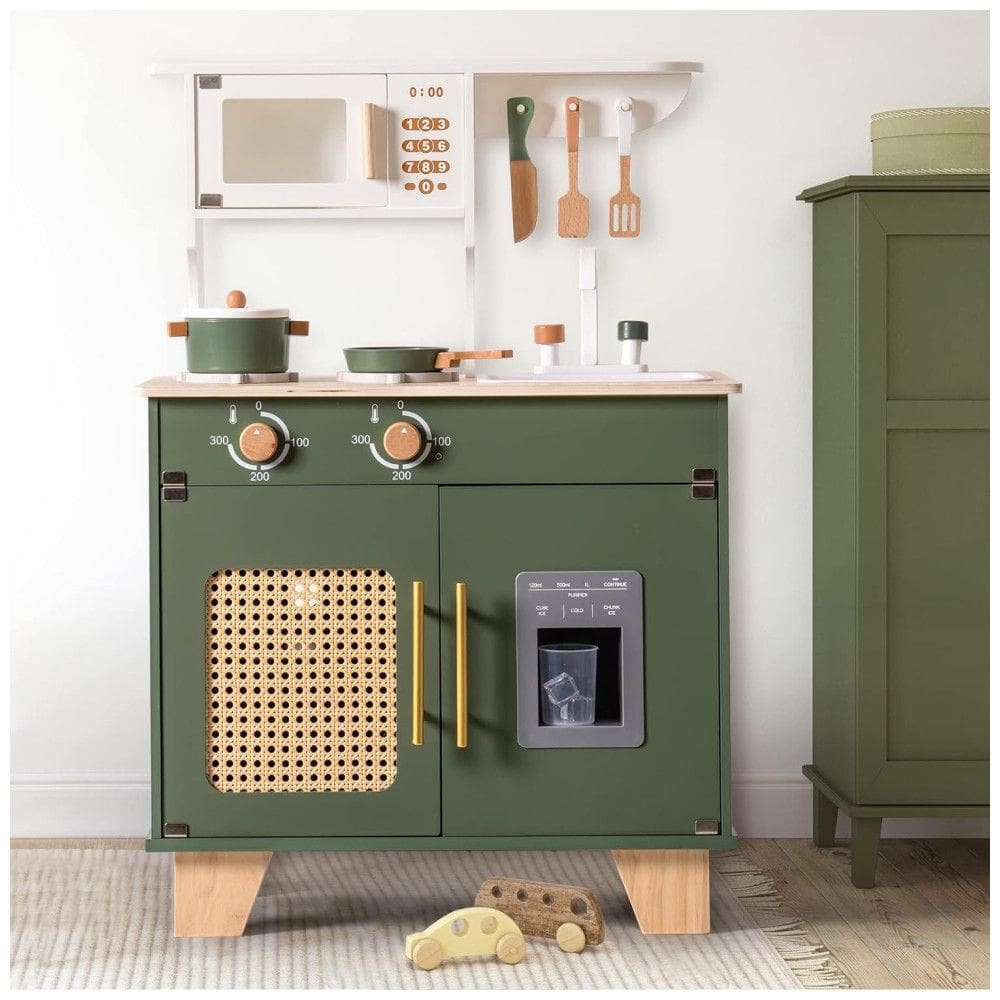 Mini Cozinha Educativa ROBUD, Kit de Cozinha para Crianças de 3 Anos com Máquina de Gelo Falso, Brinquedo de Madeira Ideal para Presente