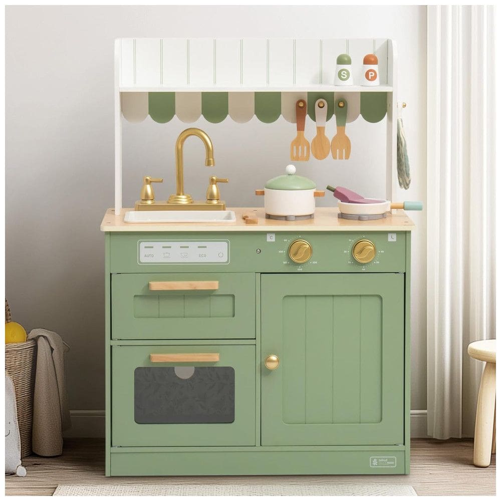 Mini Cozinha Educativa de Madeira ROBUD para Crianças, com Torneira Dourada, Pia, Forno, Fogão, Armário, Estilo Vintage - Presente