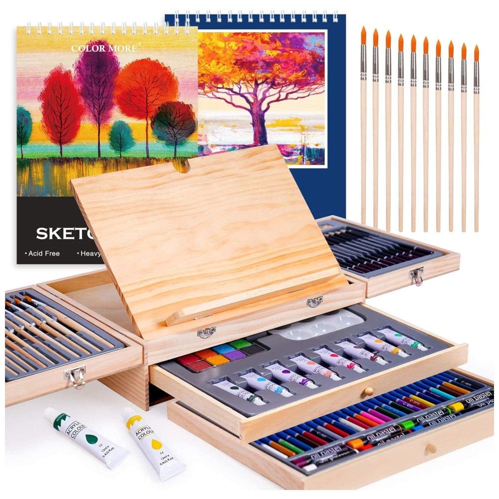 Kit Lápis de Cor Profissional Color More com Maleta de Madeira 85 peças Tintas Acrílicas, Aquarela, Marrom