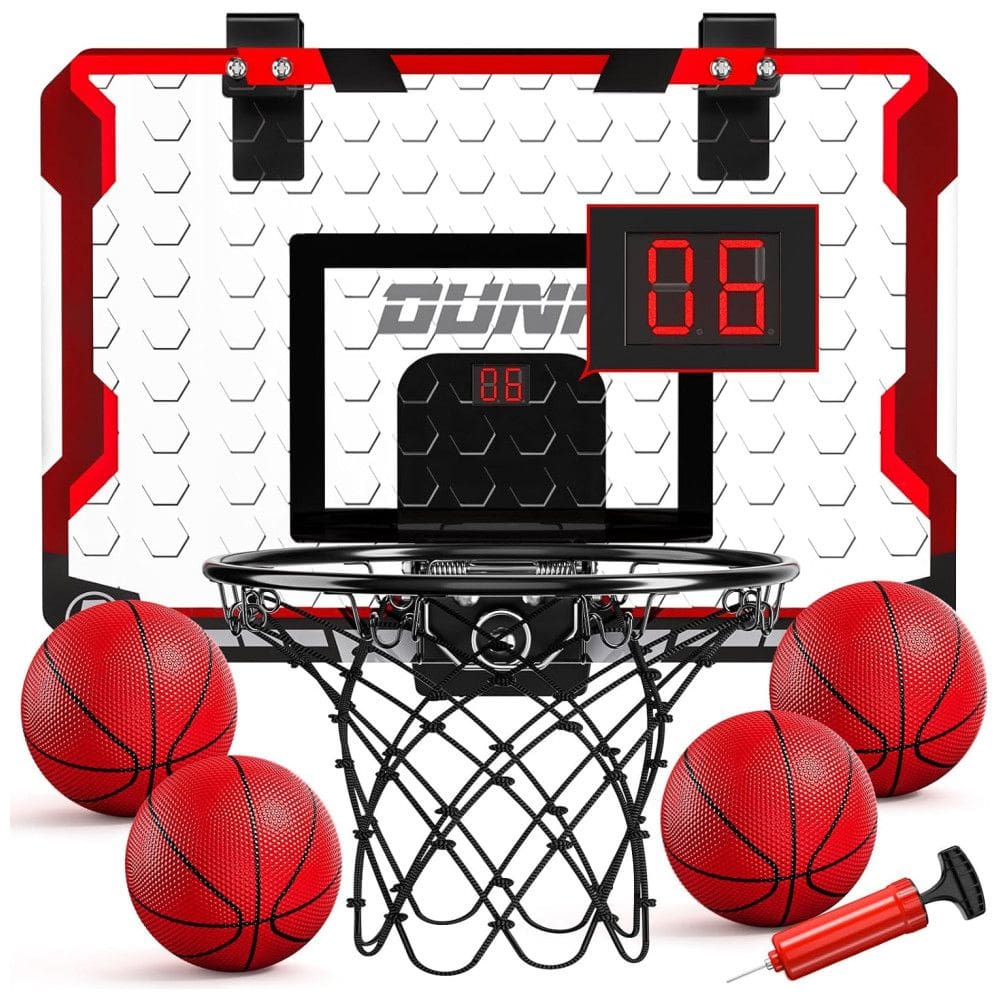 Mini Cesta de Basquete com 4 Bolas, Placar Eletrônico e Som de Torcida, Brinquedo Ideal para Crianças e Adultos, TEMI, Branco e Vermelho