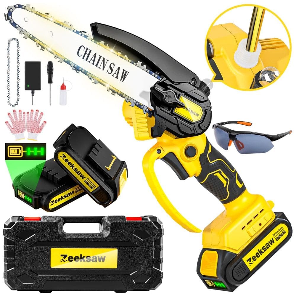Mini Motoserra Elétrica Portátil com Lubrificação Automática e 2 Baterias de 21V 2000mAh, Zeeksaw, Amarela