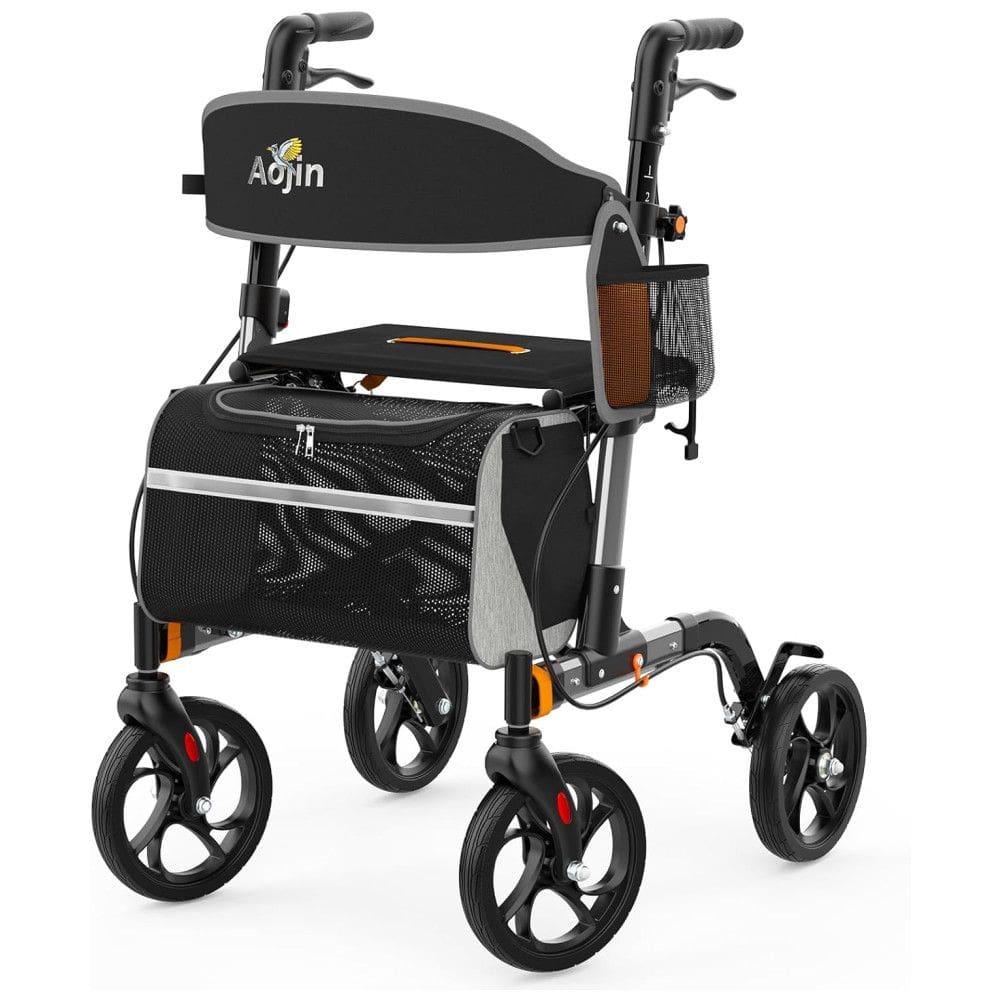 Andador Dobrável para Idoso com Assento e Rodas para Todos os Terrenos, Aojin, Cinza